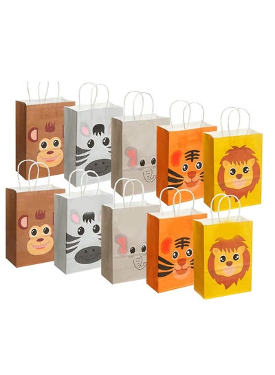 اشتري Kraft Gift Bags, 10Pcs Animals Jungle Safari Zoo Paper Bags with Handles, 5 Styles Reusable Party Bags for Kid's Birthday Party Supplies, Holiday Treat Box, Children's Candy Packaging Bag في السعودية