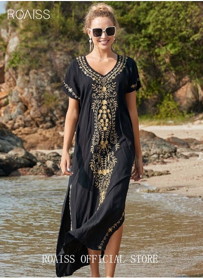 Buy Women Long Swimsuit Cover up Floral Embroidered Beach Blouse Beachwear Bohemian Robe Ladies Loose Dress Casual Large Size Swim Sunscreen for Summer Black/Gold in UAE