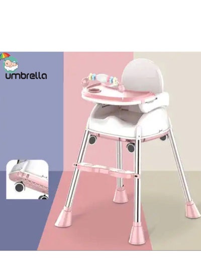Buy Umbrella 4 in 1 Convertible High Chair for Kids with Adjustable Height and Footrest, Baby Toddler Feeding Booster Seat with Tray, Wheels, Safety Belt and Cushion For 6 Months to 4 Years (pink) in Egypt