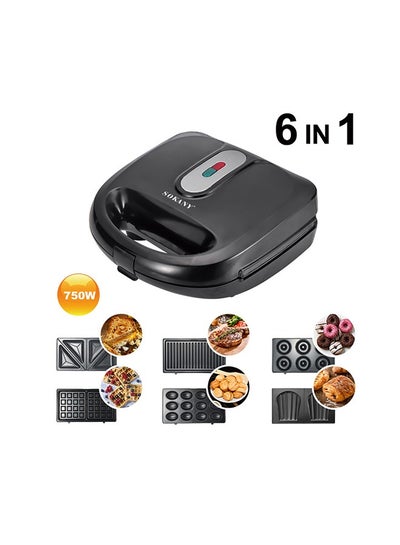 Buy Electric Sandwich Maker 750 Watt 6 slices in 1, Donut, Nuts, Waffle, Shells, Sandwich, Bread Slices, Pan-fried Steak, Large size, Non-stick and Removable plates, SK-908 Black in Saudi Arabia