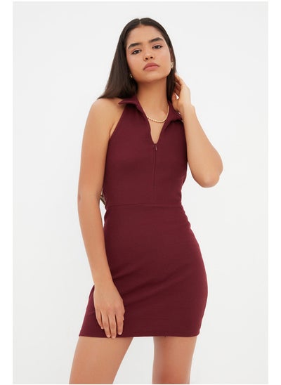 Buy Burgundy Fitted Polo Neck Mini Ribbed Stretchy Knitted Pencil Dress TWOSS22EL1981 in Egypt