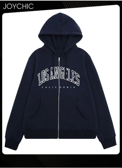 اشتري New Style Long Sleeve Zipper Pullover Hoodie Trendy Letter Pattern Autumn and Winter Warm Outwear for Women Navy Blue في السعودية