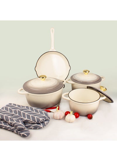 Buy Non-Stick Enameled 7-PCS SET of Cast Iron Dutch Oven Cookware. Set includes: 24cm Dutch Oven Fry Pan, 18cm, 21cm, 24cm Dutch Oven Cookware with Lids and Gloves. in UAE