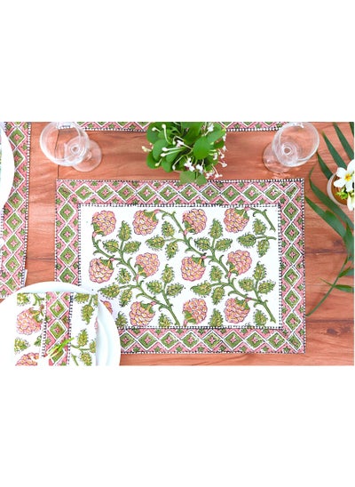 Buy 12 Piece Garden Pink And Green Hand Block Printed 100 Percent Canvas Cotton Table Placemats & Soft Cotton Napkin Set in UAE