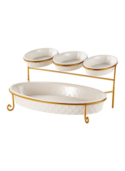 اشتري Shallow Porcelain 2-Tier Oval Serving Set - Gold Stand Rack - 3x 20cm and 1x 40cm في الامارات