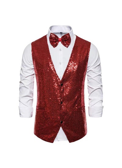 اشتري Mens Fashion Stage Performance Dress Small Sequins Suit Vest Mens Host MC Studio Vest VestWine red Wine red في السعودية