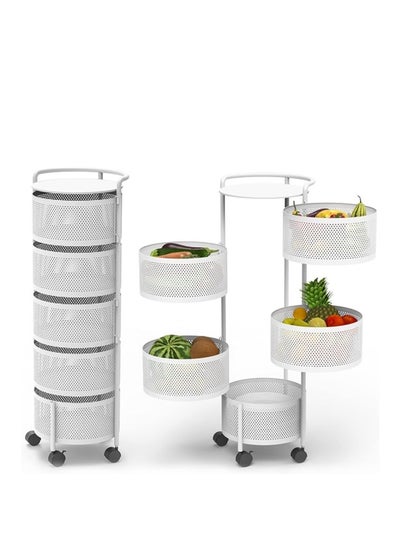 اشتري LIYING Multi-Layer Kitchen Storage Shelf, Round Steel Rotating with 4 Movable Wheels, Storage for Fruit and Vegetable Floor-Standing(5F White) في الامارات