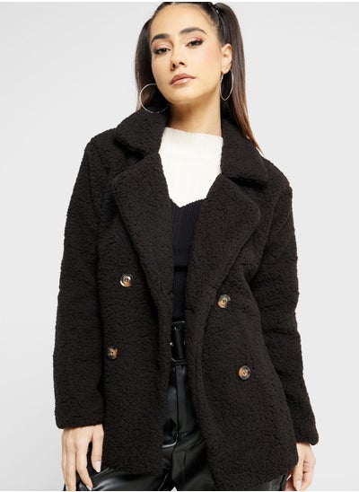 Buy Lapel Faux Shearling Coat in UAE