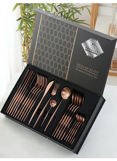 اشتري 24 Pcs Stainless Steel Sleek Rose Gold Plated Kitchen High Quality Cutlery Tableware Set Fork Spoon Knife in Velvet Gift Kraft Box في الامارات