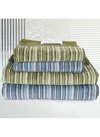 Buy 4 Piece Bathroom Towel Set ETERNITY 500 GSM 100% Cotton Velour 2 Bath Towel 70X140 cm & 2 Hand Towel 50x90 cm Light Green & Blue Color Modern Stripe Design Luxury Touch Extra Absorbent in UAE