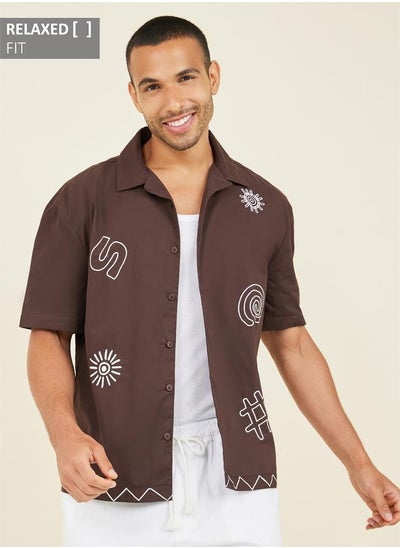 اشتري Premium Cotton Slub Camp Collar Embroidered  Relaxed Shirt في السعودية