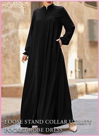 Buy Women's Muslim Standing Collar Dress Zipper Practical Pocket Solid Color Robe Zipper Closure Casual Loose Fitting Long Sleeved Dress in Saudi Arabia