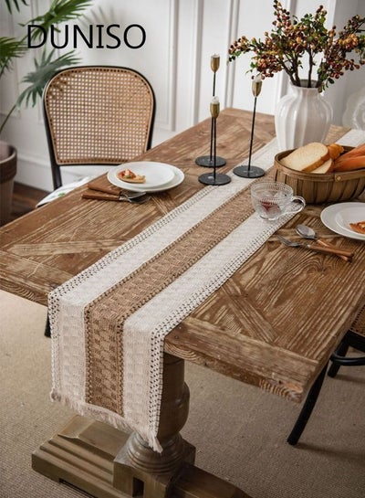 Buy Farmhouse Table Runner Braided Stripe Linen Table Runner with Tassels for Dining Bedroom Kitchen Party Decor Rustic Bridal Shower 30*180cm in Saudi Arabia