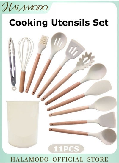 Buy 11PCS Silicone Cooking Utensils Set with Wooden Handle Non-Stick Food Grade Quality Silicone Cooking Utensils Set 428℉ Heat Resistant BPA Free Silicone Spatula Set Kitchen Tools in Saudi Arabia