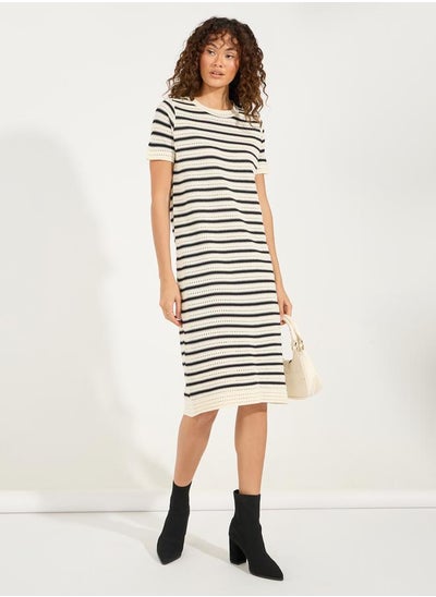 Buy Striped Knitted T-Shirt Knee Length Dress in Saudi Arabia