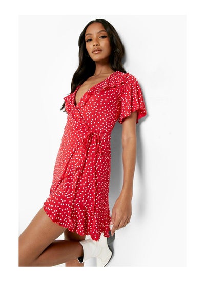 اشتري Petite Polka Dot Ruffle Wrap Tea Dress في الامارات