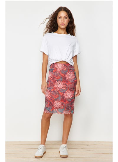 Buy Premium Orange Printed Tulle High Waist Lined Midi Knitted Skirt TWOSS23ET00206 in Egypt