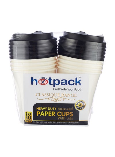 Buy 10 Pieces Hotpack Heavy Duty White Paper Cup 8 Ounce With Black Lid in UAE