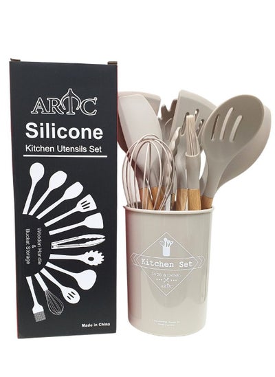 Buy 12 Pieces Heat Resistant Non-Stick Silicone Cooking Utensil Set Beige in UAE