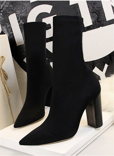 Buy 9.5cm European And American Fashion Simple Wood Grain With Thick Heel Pointed Elastic Lycra Slimming Ankle Boots Black in UAE