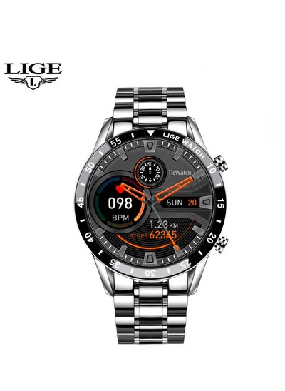 Buy Bluetooth Call Men Smart Watch Full Touch Screen Multi-Function Sports Watches IP67 Waterproof with Silver Steel Strap in UAE