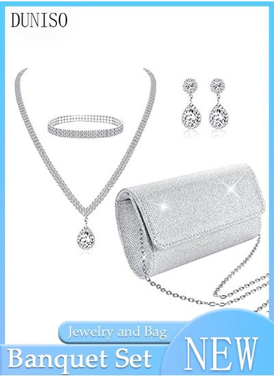 اشتري 4Pcs Clutch Bag Rhinestone Jewelry Set with Necklace Earrings Bracelets Rhinestone Purse Bag Glitter Evening Bag Wedding Bridal Bridesmaid Costume Jewelry Set for Women and Girls Dress Accessories في الامارات