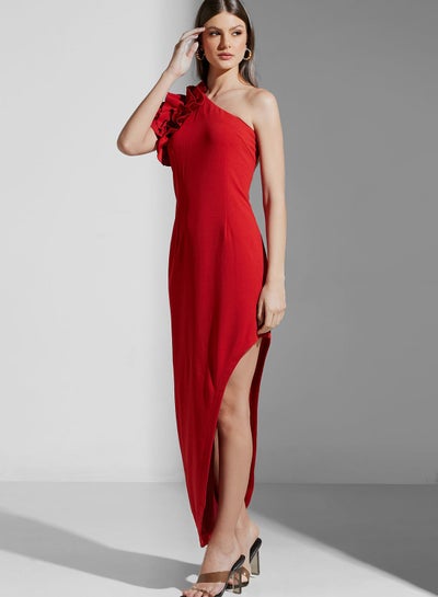 Buy Ruffle Detail One Shoulder Asymmetric Dress in UAE