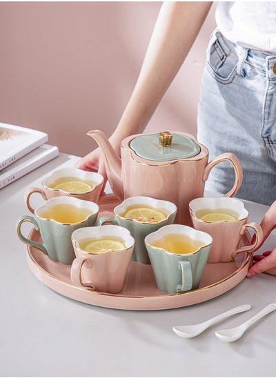 Buy 8-Piece Lovely Modern Irregular Pink Green Petals Shape Teapot Minimalist Sublimation Ceramic Coffee Mug Sets With Tray in UAE