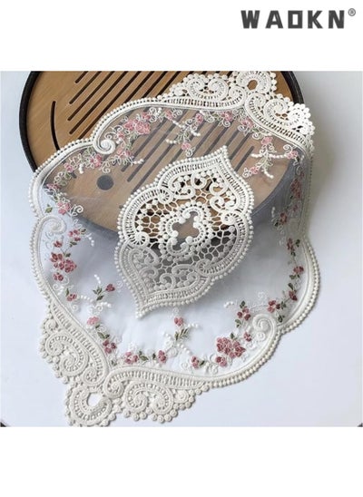 Buy Extended Set of 2 Vintage Oval Lace Table Placemats with Exquisite Floral Cotton Embroidery - Elegant Doilies & Vase Mats, Dimensions: 12 Inches x 18 Inches (White) in UAE