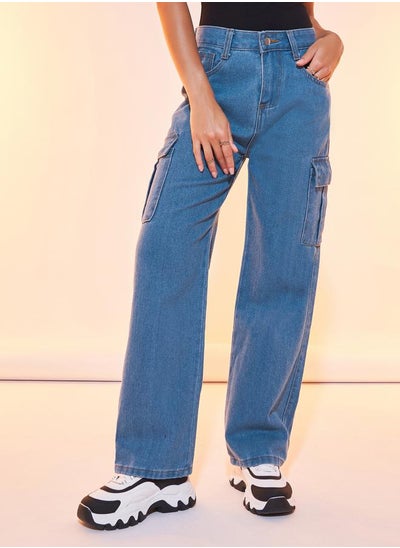 Buy Solid Wide Leg Cargo Jeans in Saudi Arabia