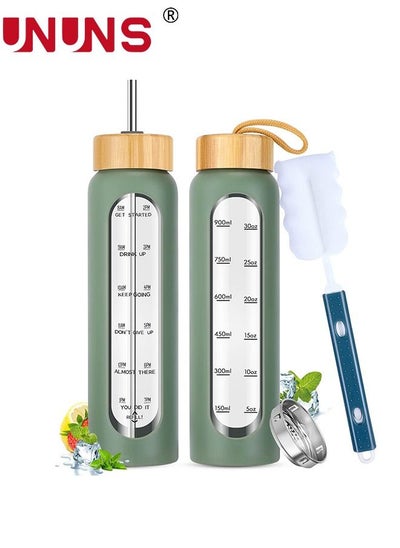 Buy 1L Motivational Glass Water Bottle with Time Marker & Silicone Sleeve &  Straw & Bamboo Lids & Fruit Infuser , Leak Proof Reusable BPA Free Motivational Drinking Jug Water Jug in Saudi Arabia