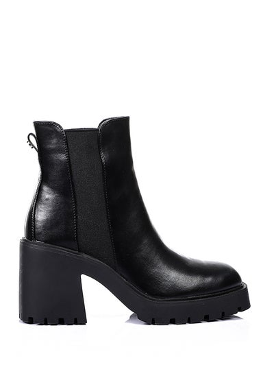 Buy Elastic Sides Plain Leather Slip On Black Chunkey Ankle Boots in Egypt