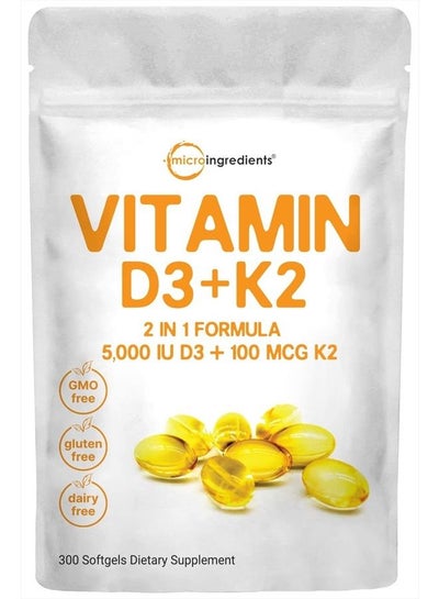 اشتري Vitamin D3 5000 IU with K2 100 mcg, 300 Soft-Gels | K2 MK-7 with D3 Vitamin Supplement, 2 in 1 Support Immune, Heart, Joint, Teeth & Bone Health - Easy to Swallow في الامارات