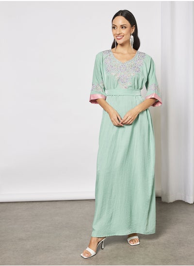 Buy Jalabiya With Embroidery In Front And Short Sleeves With Belt in UAE