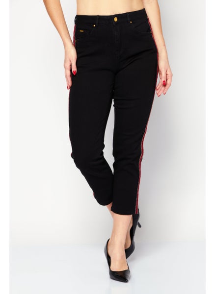 Buy Women Regular Fit Textured Denim Jeans, Black/Red in Saudi Arabia