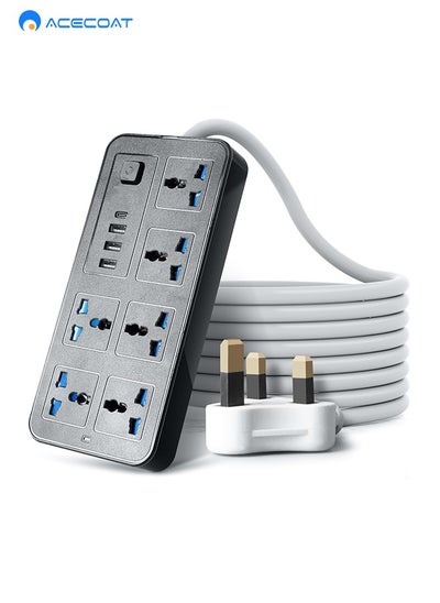 Buy Universal Extension Lead with Multiple Function,UK Plug 3 Pin Socket Outlet with 6 Gang | 3 USB Port | 1 Type-C Port,200CM Electric Socket Mains Strip for Home,Kitchen,Travel,and Office (Black) in Saudi Arabia