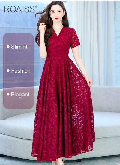 Buy Women Lace Dress V Neck Dress Formal Elegant Dress Party Short Sleeve Dress Solid Color Summer Beach Dress Elegant Chiffon Dresses in UAE