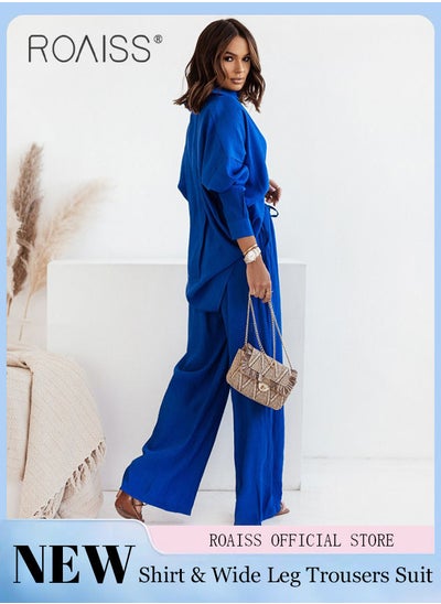 Buy Ladies Comfortable Cotton Linen 2 Piece Suit for Daily Commute - Shirt and Wide Leg Pants Set with Simple Loose Fit Design for Leisure in UAE