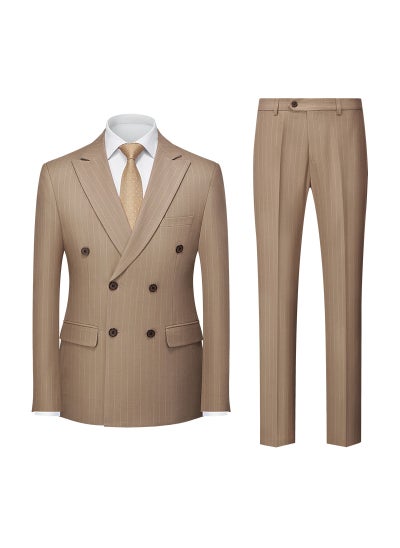 Buy Striped Suit Set Mens Business Formal Wedding Khaki in Saudi Arabia