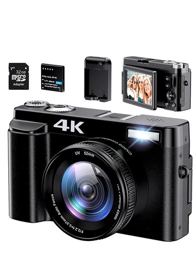 اشتري 4K كاميرا رقمية ضبط البؤرة التلقائي 48MP 8 ميجابكسل مع بطاقة Sd Card, عدسة زاوية 75°, 3.0 بوصة شاشة تسجيل فيديو كاميرا يوتيوب فيديو مدمج, 16x التكبير الرقمي, 1 بطارية في الامارات