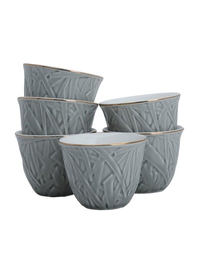 Buy Light grey Arabic coffee cups set patterned with gold line 12 pieces in UAE