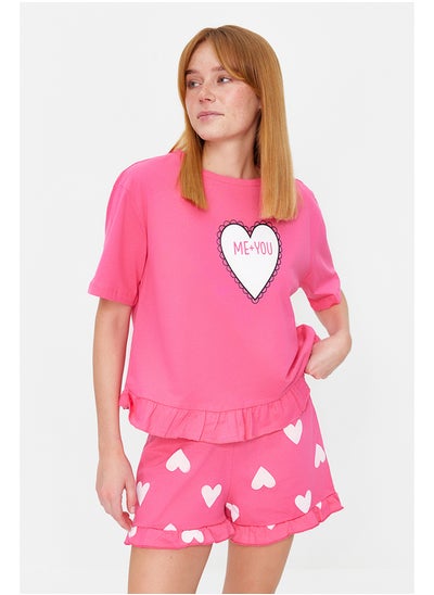 Buy Pink 100% Cotton Heart Pattern Ruffle Detail T-Shirt-Short Knitted Pajamas Set THMSS21PT0467 in Egypt