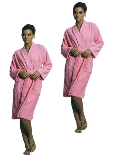 Buy 2 Pieces Pink Colour Terry Check Design  Bathrobe XXXXL Size with Double Front Pockets in UAE