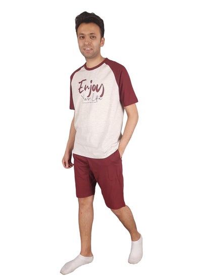 Buy Men Summer Pajama Set Printed Top & Plain Short -Maroon*Off White in Egypt