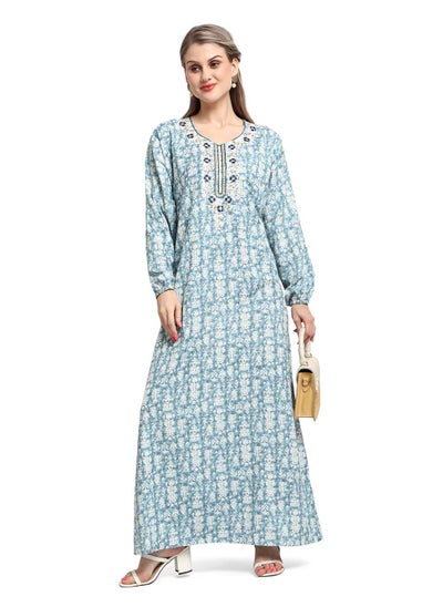 Buy FLORAL EMBROIDRED BLUE COLOUR WITH PRINTED ARABIC KAFTAN CASUAL JALABIYA DRESS in Saudi Arabia