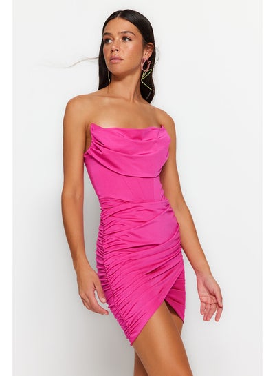 Buy Fuchsia Fitted Evening Dress with Knitting Bodice Detailed Evening Dress TPRSS23EL00174. in Egypt
