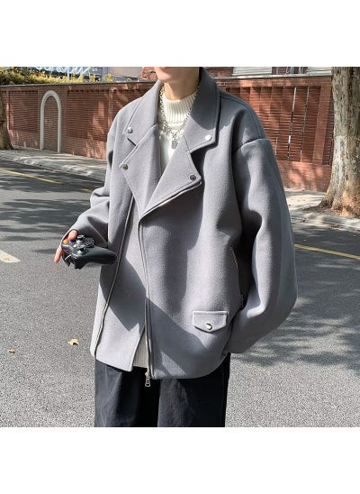 Buy Mens Woolen Blazer Short Trendy Solid Coat Fall Winter Grey in UAE