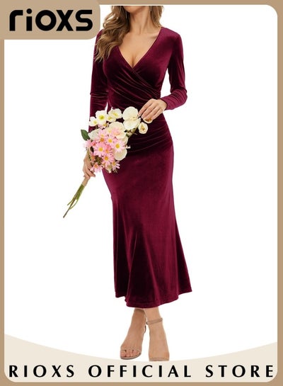 Buy Women's Elegant V Neck Slim Fit Long Sleeve Dress Cocktail Mermaid Dress Party Wedding Maxi Dress For Special Occasions in UAE