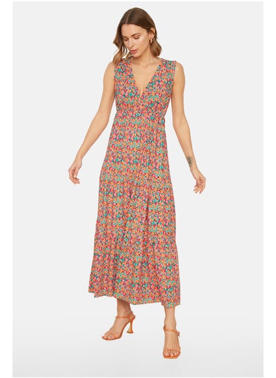 Buy Multicolored Floral Print V-Neck Sleeveless A-Line Maxi Knit Dress TWOSS22EL1588 in Egypt