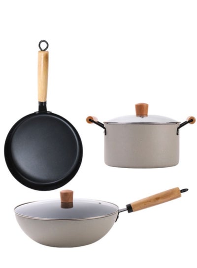 اشتري 3 Piece Cookware Set Non Stick Coating Three Piece Pot Set Wok Frying Pan Soup Pan Uniform Heat Conduction White في السعودية